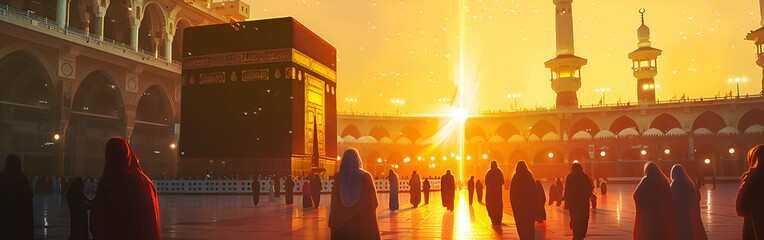 Kaaba in Makkah Islamic History of Prophet Muhammad Islamic Faith sunlight on background