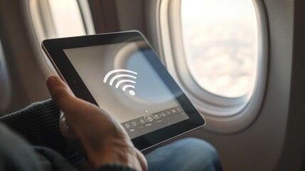 A person holding a tablet with a WiFi connection screen visible, sitting next to an airplane window Closeup shot focusing on the tablet screen and the persons hand