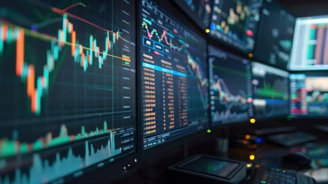 Multiple monitors display dynamic stock market charts and data in a vibrant trading desk environment at night, showcasing an active trading session.