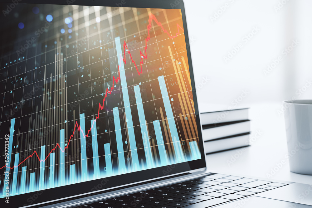Poster Modern computer screen with abstract financial diagram, banking and accounting concept. 3D Rendering