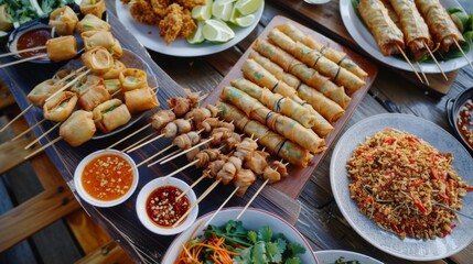 Obraz premium A table full of Thai appetizers like spring rolls, satay skewers, and spicy dipping sauces, ready to be enjoyed.