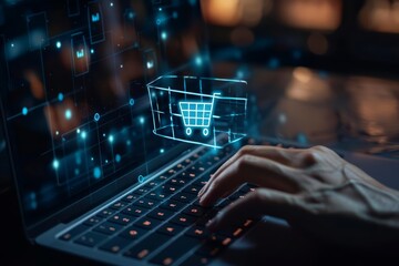 A person uses a laptop to add an item to an online shopping cart Closeup shot focusing on the hand hovering over the glowing shopping cart icon