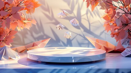 Sleek podium with a glossy paper surface, surrounded by hovering origami shapes that cast intricate shadows, set against a backdrop of abstract paper foliage, with a ring of floating orbs