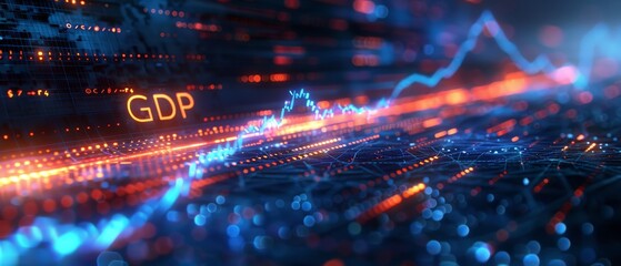 Abstract digital visualization of GDP growth trends with glowing graph, representing economic data analysis and financial market activity.