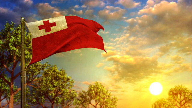 waving flag of Tonga at sunrise for memorial day - abstract 3D rendering