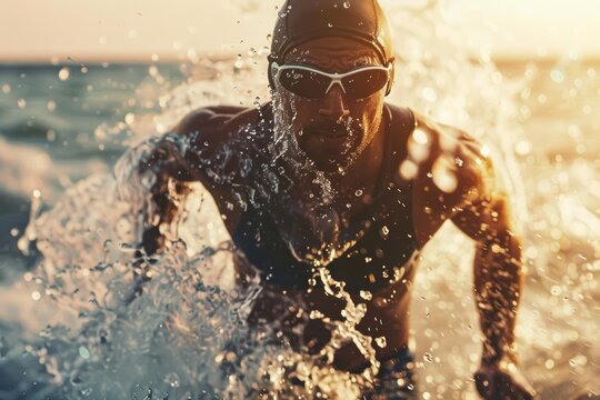 A triathlete emerges from the water
