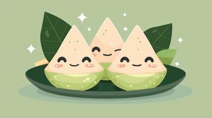 Fototapeta premium A cartoon Zongzi with a kawaii appearance, featuring big eyes and a smiling mouth. 