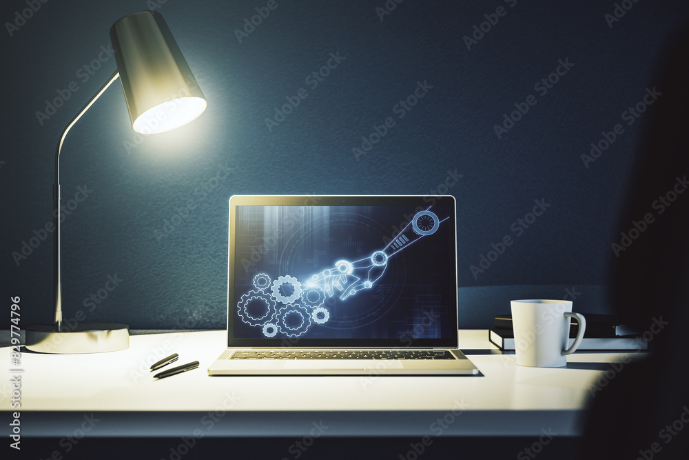 Aufkleber Creative abstract robotics technology sketch on modern laptop monitor, future technology and AI concept. 3D Rendering
