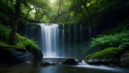 Obraz premium A Stunning Waterfall in a Tropical Setting with Lush Greenery - Capturing Nature's Beauty, Magnificent Tropical Waterfall Amidst Lush Foliage, Discover the Beauty of a Tropical Waterfall in a Lush 