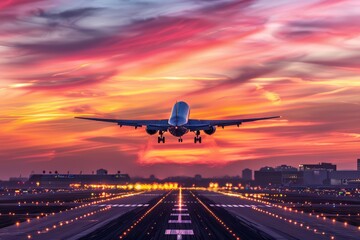 An airplane taking off against a colorful sunset sky, with the runway and terminal in the background Closeup shot emphasizing the airplanes underside and the motion of the takeoff