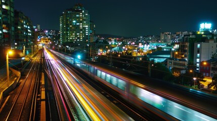 Fototapeta premium A time-lapse of a high-speed train streaking past colorful city lights at night, representing the speed and efficiency of modern rail travel.