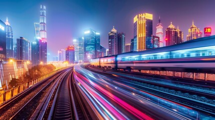Fototapeta premium A time-lapse of a high-speed train streaking past colorful city lights at night, representing the speed and efficiency of modern rail travel.