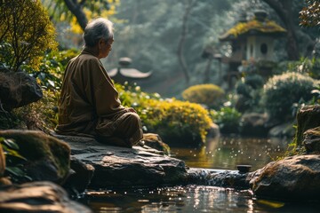 An elderly man sits on a rock by a body of water, contemplating the peaceful surroundings - Powered by Adobe