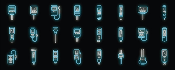 Ph meter icons set outline vector. Chemical acid. Biology meter neon color on black