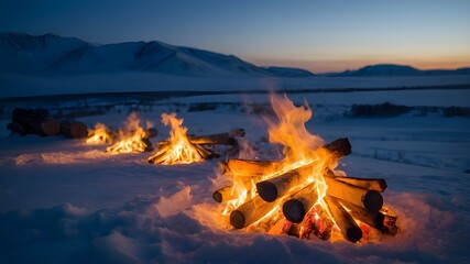 In a wintry landscape, juxtapose the warmth of a crackling fireplace, contrast the icy chill of the winter scene with the cozy glow of a roaring fire, experience the comforting embrace of flickering f