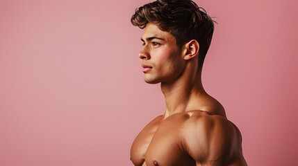 Fototapeta premium Male fitness model shirtless torso from profile slightly tilted in front of pink background
