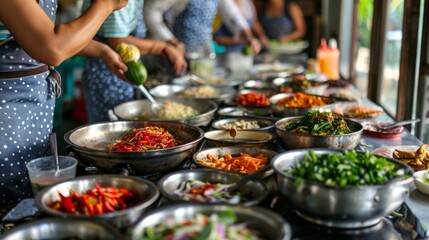 A traditional Thai cooking class with participants preparing dishes at individual stations, with fresh ingredients laid out