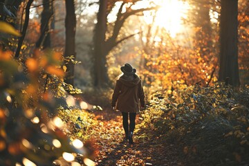 An elderly person is walking down a path in the woods surrounded by trees and greenery