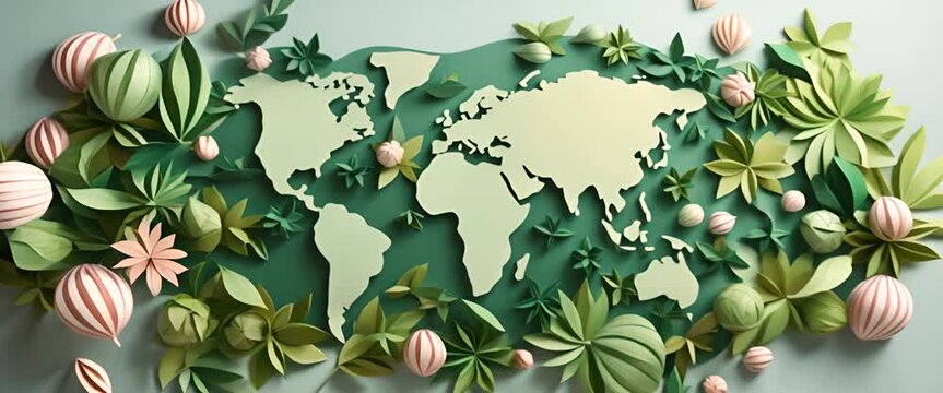 Paper cut style globe with different shades of green leaves, minimalist eco-friendly concept, uniform background,