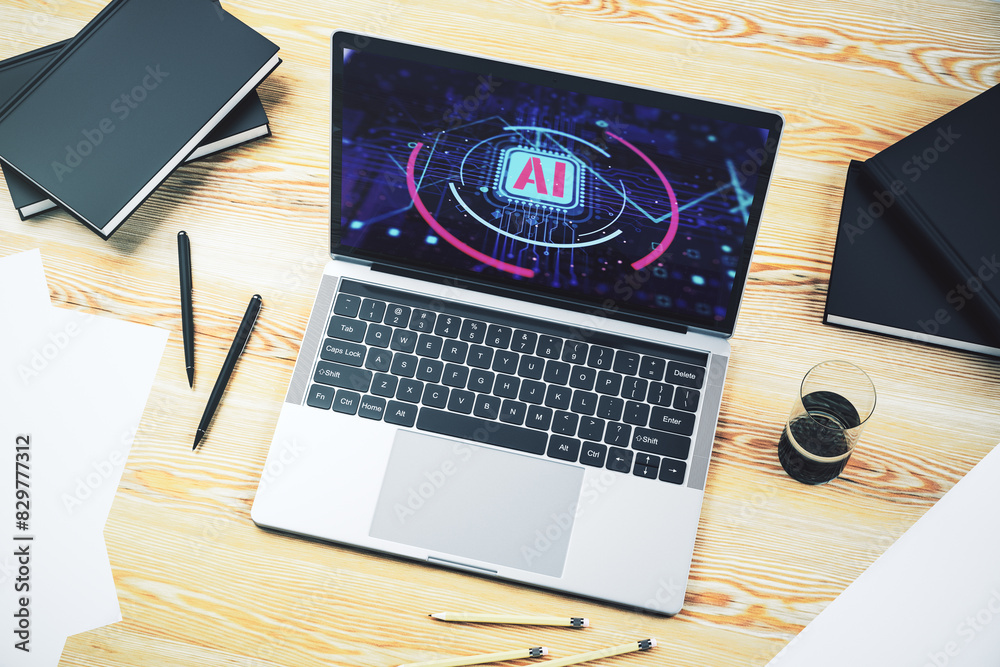 Poster Computer monitor with creative artificial Intelligence abbreviation. Future technology and AI concept. 3D Rendering