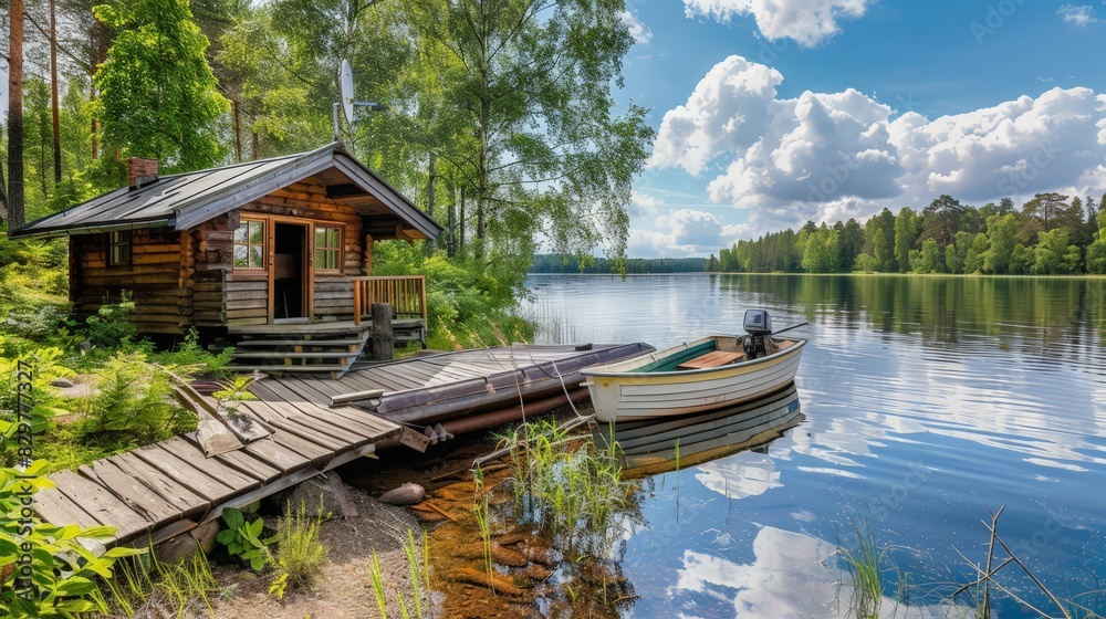 Canvas Prints A traditional Finnish wooden sauna cottage stands by a tranquil lake, accompanied by a pier and a fishing boat. The lush summer landscape and calm water provide an idyllic setting for unwinding 