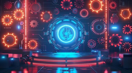 Empty studio with a podium of a futuristic robot, featuring intricate gears and circuits, in a vibrant synth wave style, banner sharpen with copy space