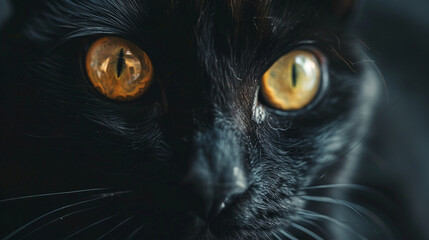 A macro view of a black cat's piercing yellow eyes, capturing the eerie Halloween vibe.