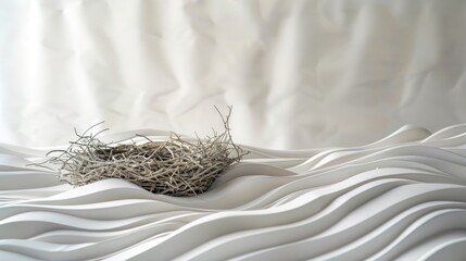 A bird s nest set against a grey and white wavy backdrop with room for text