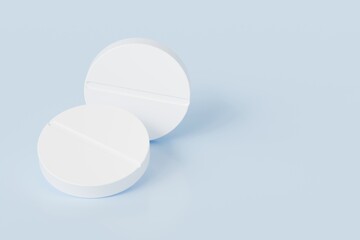 3d White pill or white drug icon isolated on blue background. Emergency, Safety, equipment medic health medicine and drugs concept. 3d minimal White capsules icon for web, Pills. Health. 3d render.