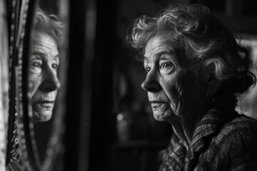 An old woman standing in front of a mirror, looking at her reflection intently
