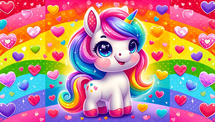 A cute 3D unicorn with a colorful mane and hearts, designed for Valentine's Day. Bright, festive, and full of joy.