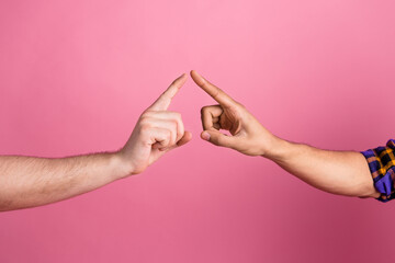 Photo of two people touch each other with fingers isolated pastel color background