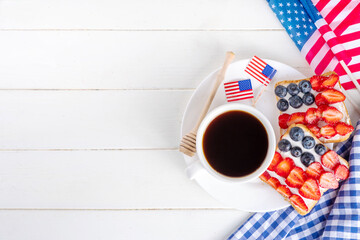 USA patriotic breakfast background, brunch menu flat lay. Simple Independent or American Flag Day...