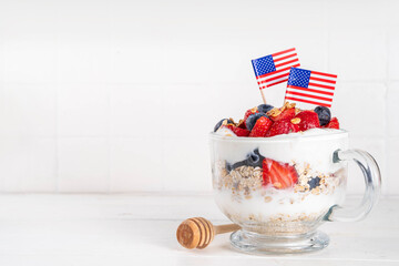USA patriotic breakfast or brunch simple recipe idea, layered granola dessert, or overnight oatmeal...