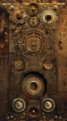 Steampunk cornhole game with mechanical gears, Victorian era setting, sepia tones, intricate designs, high detail, steampunk illustration style, warm hues