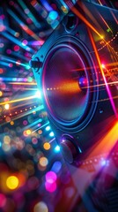 Close-up of a vibrant speaker with colorful light trails, illustrating music, sound, and energy. Perfect for party or concert themes.