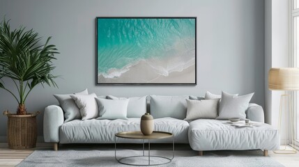 Frame mockup, the soft blues and greens of the ocean contrast beautifully with sleek modern furniture