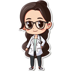 Cartoon female doctor with glasses and stethoscope. Medical professional illustration. Doctor sticker