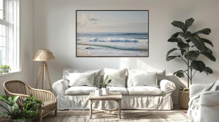 Frame mockup, this artwork transports viewers to a peaceful seaside retreat within their home