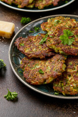 Fried Broccoli fritters or pancakes with parmesan and mozzarella cheese