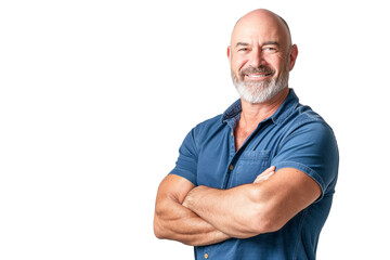 Muscular Bald Middle-Aged Man in Blue Polo Shirt on White Background