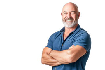 Muscular Bald Middle-Aged Man in Blue Polo Shirt on White Background