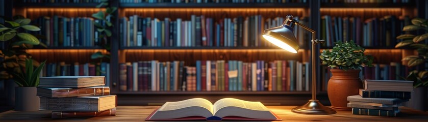Fototapeta premium Cozy library scene with an open book on a wooden table, surrounded by warm lighting, bookshelf, and plants, perfect for reading and relaxation.
