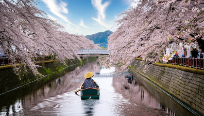 満開の桜が川の両岸を埋め尽くす光景、その中を静かに進む船が一艘