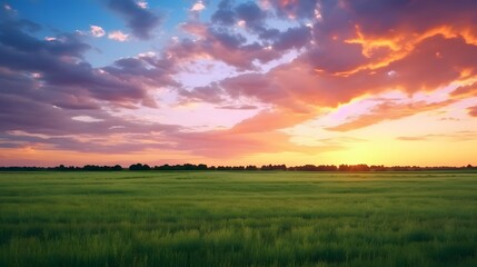 Sunset over a grassy field. Generative AI.