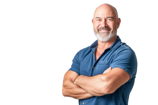 Muscular Bald Middle-Aged Man in Blue Polo Shirt on White Background