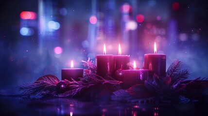 Elegant arrangement of lit candles with festive decorations, creating a warm, cozy ambiance against a dreamy, blurred background.