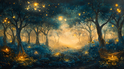 captivating mural featuring whimsical depiction of magical forest twisting trees enchanting creatures sparkling fireflies illuminating scene their soft glow creating atmosphere of enchantment wonder