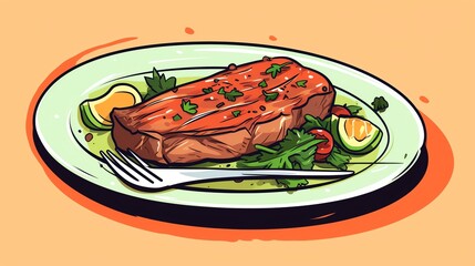 steak dinner flat design side view gourmet meal cartoon drawing colored pastel