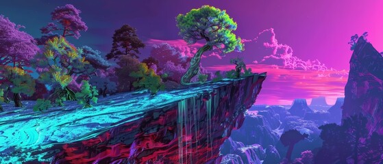 Modern futuristic neon abstract landscape of a cliffside, where gravitydefying trees and neon vines create a surreal panorama, in cyber color